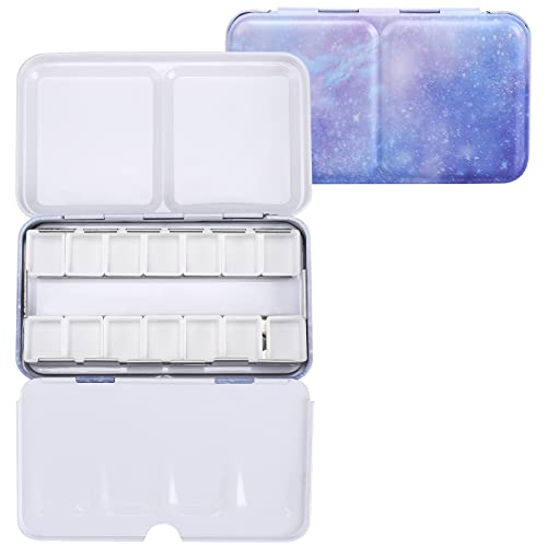 Empty Watercolor Palette, Empty Watercolor Tin with Fold Out Palette, Small Purple Watercolor Tray Palette with 14 Empty Half Pans for Plein Air Painting and Sketching - color: Galaxy, size: 14 Empty Half Pans