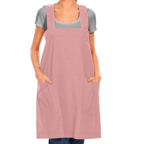 Larmliss Women's Cotton Cross Back Apron Pinafore Dress with Big Pockets Loose Square Apron for Baking Cooking Gardening - color: Pink, size: Small