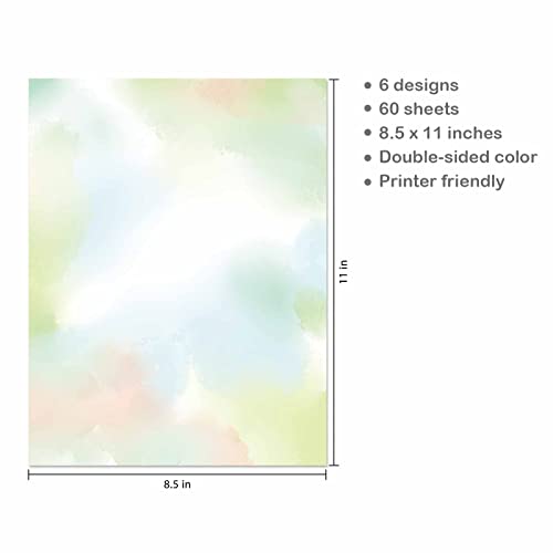 Watercolor Styles Aesthetic Stationery Paper, 8.5 x 11 In, 60 Sheets, Double Sided, Colorful Pretty Decorative Scrapbook / Writing Paper, Printer Friendly for Invitations