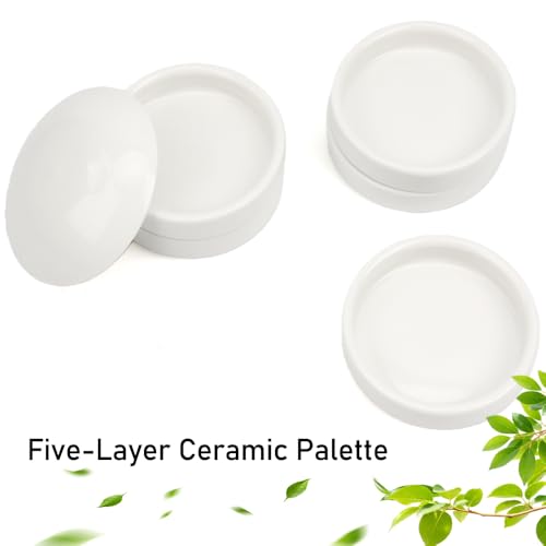 2 Pack Ceramic Watercolor Palette 5 Layers Mixing Trays Set Round Porcelain Watercolor Palettes Sauce Dishes with Lid for Gouache Pigment Chinese Ink Mixing (White)