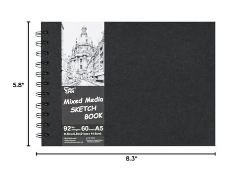 5.8x8.3in Sketch Book, 60Sheets Spiral Bound Notebooks, Natural White 92lbs/150gsm Acid-Free Drawing Paper for Painting,Sketching, Professional Sketch Pad for Artists, Beginners. NW-Black - color: Natural White-Black