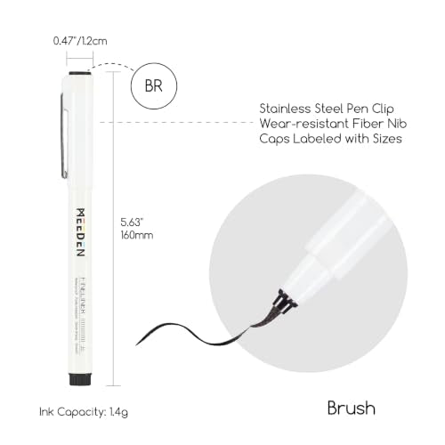 MEEDEN Micro Fineliner Drawing Pens: 0.8-2mm Brush Nib, 6 Pack, Black Ink | Waterproof archival ink with a brush tip for lettering, manga inking, calligraphy, illustration, and expressive linework - style: Brush