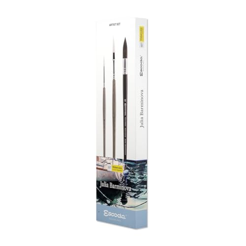 Escoda | Watercolour | Artist Set Julia Barminova | Size 6,1/4,12 | 3 Brushes | Synthetic White Toray + Tendo | Round Pointed + Dagger Striper + Round mop - color: Julia Barminova, size: Artist Set