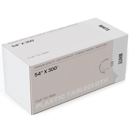 Party Solids 54 Inch X 300 Feet Value Pack White Plastic Table Cover Roll in A Cut - to - Size Box with Convenient Slide Cutter. Cuts Up to 36 Rectangle 8 Feet Plastic Disposable Tablecloths - color: White, size: 300 Feet Value Pack