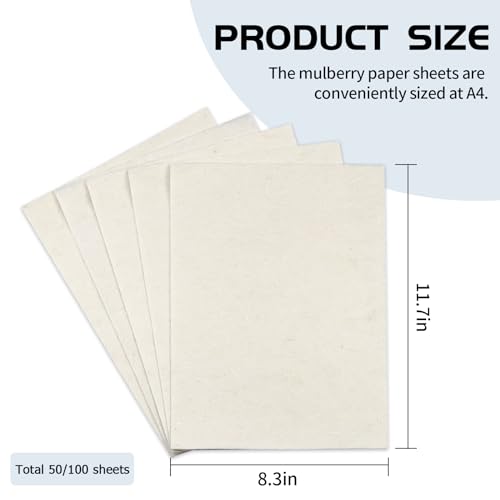 50/100 Sheets FIVEIZERO A4 Mulberry Paper Sheets Natural Fiber Rice Papers,8.3x11.7in Natural Decoupage Tissue Paper for Writing Painting, Decorative &Card Making Papers DIY Craft