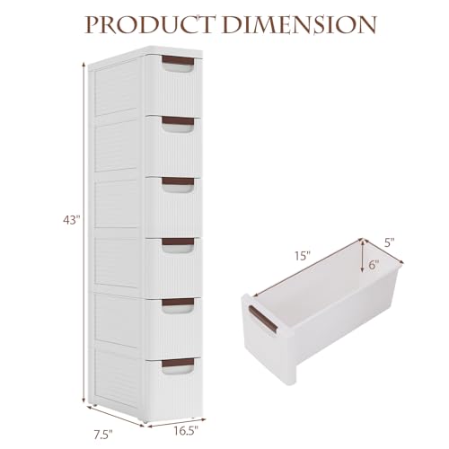 POWERSTONE 6-Drawer Plastic Storage Cart, Narrow Organizer Rolling Cart with 4 Wheels, Space-Saving Slim Mobile Utility for Bathroom, Office & Classroom - size: 43"H 6 Drawer