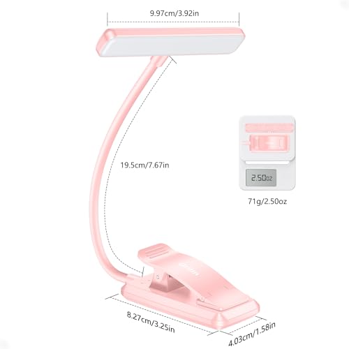 Gritin 19 LED Rechargeable Book Light for Reading in Bed | Eye Caring 3 Color Temps,Stepless Dimming Brightness,Memory Function,90 Hrs Runtime Lightweight Clip on Light-Pink - color: Pink