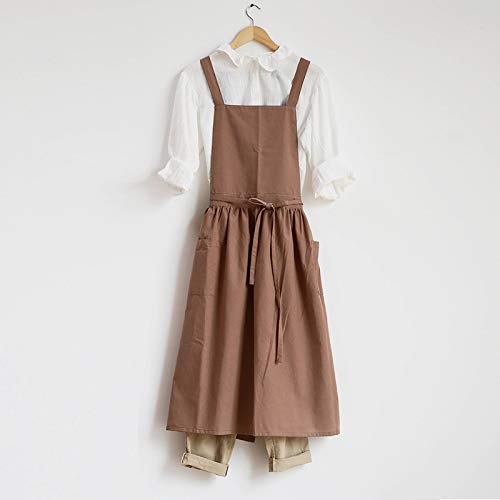 VLZUFE Women Cotton Linen Cross Back Apron with Pockets for Gardening Works Pinafore Dress - color: Brown