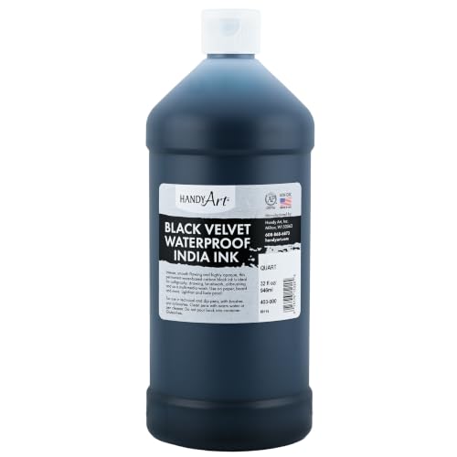 Handy Art Black Velvet Waterproof India Ink, 32 Fl Oz, Matte Black, Permanent, Smooth and Highly Opaque, for Technical Pens, Dip Pens, Calligraphy, Brushes, Airbrush, Safe & Non-Toxic, Made in USA - size: 32 Fl Oz