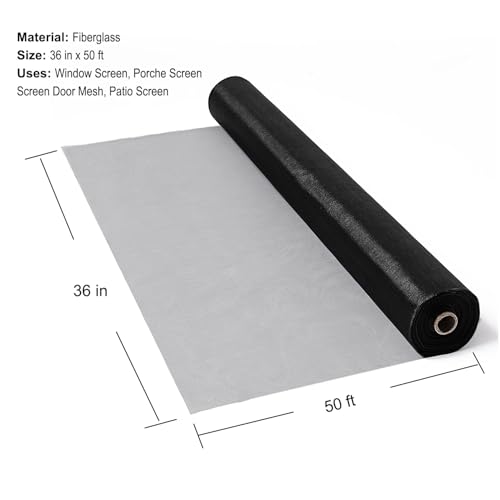 36 in x 50 ft Fiberglass Window Screen Mesh, Window Screen Replacement, Screen Door Mesh, Screen Mesh Roll, Porch Screens for Patios Outside Outdoor, Heavy Duty Window Screens for House Windows - size: 36 in x 50 ft
