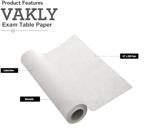 Vakly Exam Table Paper Roll 14 in x 225 ft Smooth, Disposable, 2 Rolls | Medical barrier paper, tear resistant, absorbent, latex free, fits exam, massage and therapy tables