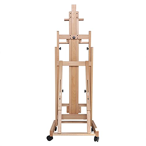 H-Frame Easel 56" to 91"H, Solid Beech Wood Easel, Studio Easel for Painting Canvas, Artist Easel with Large Storage Tray, Solid Beech Wood Artist Easel Adjustable with Wheels