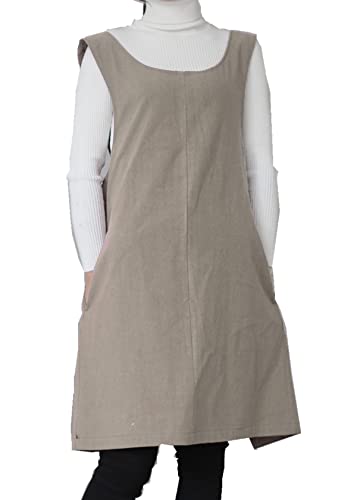 Cotton Linen Japanese Apron Halter Cross Back Bandage X Shape Aprons Two Pockets - color: Khaki