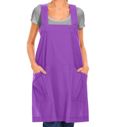 Larmliss Women's Cotton Cross Back Apron Pinafore Dress with Big Pockets Loose Square Apron for Baking Cooking Gardening - color: Purple, size: Medium