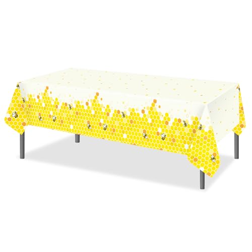 1Pc Bee Party Plastic Tablecloth 54 x 87 Inch Long Table Cover, Honey Honeycomb Party Tablecover for Cartoon Bee Theme Kids Baby Shower Birthday Dinner Picnic Kitchen Event - color: Bee
