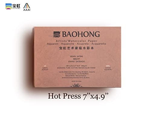BAOHONG Artists' Watercolor Paper Block (20 Sheets, glued on Four Edges), 100% Cotton, Acid-Free, 140LB/300GSM, Watercolor Art Supplies for Wet, Dry, and Mixed Media Painting (Hot Press 4.9"X7")
