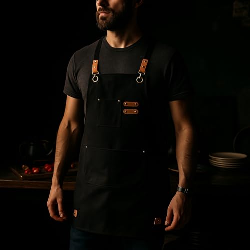Chef Aprons for Men Canvas Apron with Large Pockets and Adjustable Neck Strap for Cooking,BBQ, Gardening - color: Black