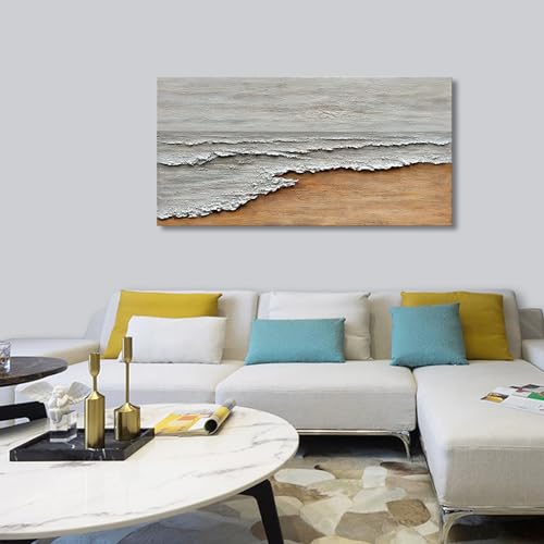 Art Hand-Painted Yellow and White Ocean Beach Landscape Oil Painting Modern Abstract Canvas Art Home Wall Decoration 24x48 inches - color: Dn169