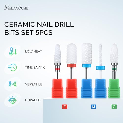 MelodySusie 5Pcs Ceramic Nail Drill Bits Set, 3/32" Acrylic Gel Nail File Bits for Manicure Pedicure Cuticle Polishing - color: 1 Coarse, 2 Medium and 2 Fine, size: 5 Piece Set