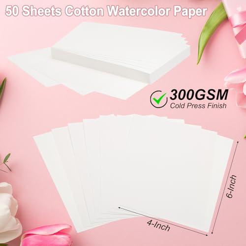 PATIKIL 50 Pcs Pure Cotton Watercolor Paper 140lb/300 GSM Water Coloring Paint Paper for Art Painting Watercolor Drawing Artist, 4x6 Inch - size: 4x6 Inch
