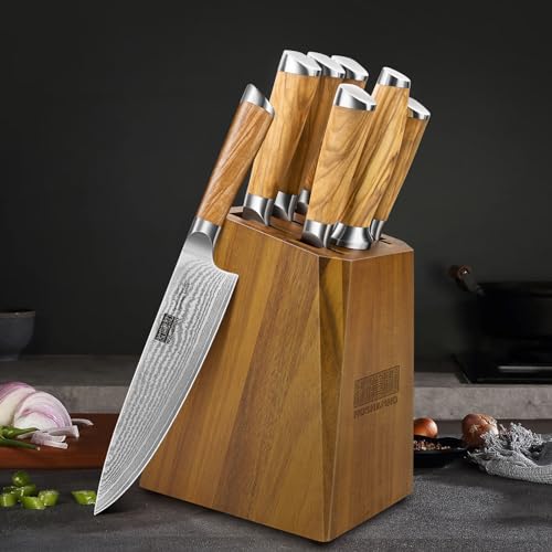 HOSHANHO Damascus Knife Block Set 7PCS, Sharp Kitchen Knives with Sharpener | Professional Chef Knife Set | Japanese Super Steel | 15° Edge | 62 HRC | Ergonomic Olive Wood Handle | Ideal Cooking Gift - style: 7 Pieces Knife Set