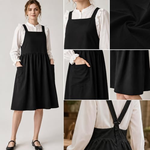 Uaussi Cotton Linen Apron Cross Back Work Apron for Women with Pockets Pinafore Dress X Cross Halter Apron for Chef Gardening - color: Pure Black