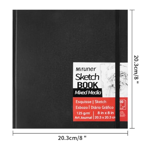 8x8" Mixed Media Sketchbook for Drawing,Hardcover Mix Media Art Sketchbook | 125GSM,100Sheets/200Pages, Hardcover Art Sketchbook for Dry Media,Painting,Drawing,Junk Journal Supplies - color: 8x8in-Black
