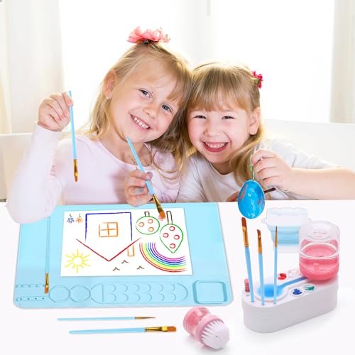 Painting Station Paint Brush Cleaner 20"X16" Silicone Paintings Mat with Cup and Paint Holder 10 Paintings Brushes Children's Painting Set Art Supplies for Kid School Gifts DIY Crafts (Blue Pink) - color: Blue Pink