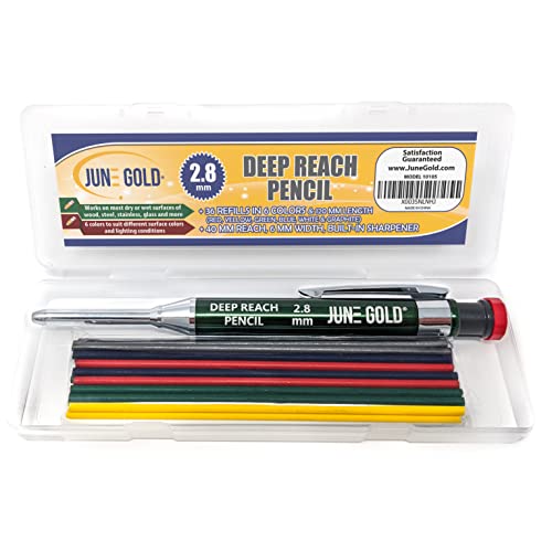 June Gold 2.8 mm Deep Reach Metal Carpenter Pencil, 36 Refills, 6 Colors | 40 mm reach, 6 mm width, Built-in Sharpener, Construction, Shop, Glass, Machine, Indoor, and Outdoor