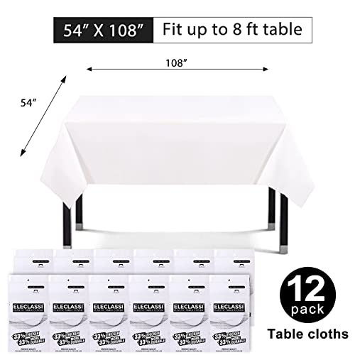 Eleclassi White 12 Pack Premium Disposable Plastic Tablecloth 54 x 108 in - Plastic Table Cloth Disposable Tablecloth for 6 or 8 Foot Rectangle Tables - color: White, size: 12 Pack Rectangle