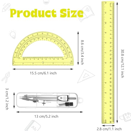 Zonon 3 Pcs 12" Clear Plastic Ruler 6 Inch Protractor Compass Set, Yellow - color: Yellow, size: 12 Inch