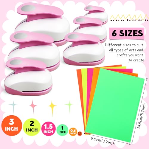 CHENGU 6 Pcs Circle Punch Set 3in/2in/1.5in/1in/0.6in/0.3in Scrapbook Hole Punchers Crafting with 10 Sticker Paper Round Cutter Scrapbook for Office Supplies DIY Albums Photos(Pink) - color: Pink, style: Circle