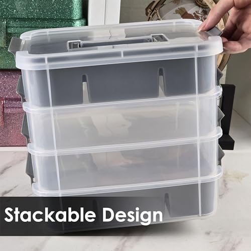 CraftGenes Craft Organizers and Storage, 4-Tier 10 Qt Box, 2 Trays, Grey | Clear Compartments; Dual Removable Inserts; Carry Handle; Side Latches; Beads, Ribbon, Stamps, Scrapbook Pieces, DIY Tools - color: Grey