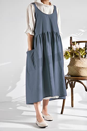 Japanese Cotton Cross Back Smock Apron for Women with Pockets Blue Grey | Criss-Cross, No Ties, Cotton linen, Pinafore Apron Dress, Farm Work Apron for Kitchen Cooking, Baking, Gardening, Painting - color: 04 - Blue Grey Without Waist Ties