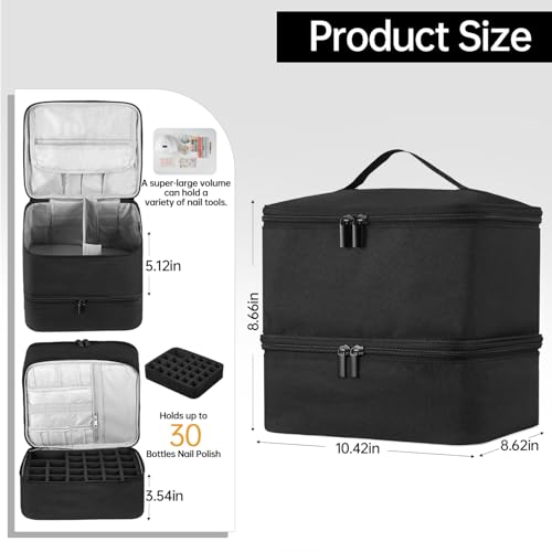 Buruis 2 Layer Nail Polish Bag, Nail Supplies Organizer, Black | Dual Zippers, Adjustable Divider, Nail Dryer Storage, Fits 25 Bottles (15ML), Nail Tools Bag, Portable Manicure Case - color: Black