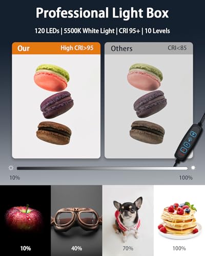 DUCLUS Light Box Photography, 12"x12" Photo Booth Box with 120 LED Lights Dimmable & CRI>95, Portable Lightbox with 8 Backdrops for Mini Product Photography: Jewelry, Cards, Watches - size: 12*12 inch