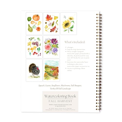 Fall Watercolor Workbook for Beginners – Pre-Outlined Autumn Designs on 300gsm Cold Press Paper, Step-by-Step Instructions & Online Videos – Spiral Bound DIY Art Book for Adults & Teens - style: Fall