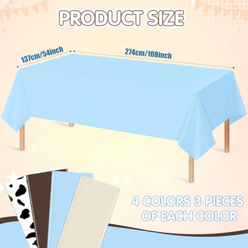 12 Pack Cowboy Baby Shower Plastic Tablecloth for Rectangle Tables, Cow Print Western Disposable Table Cover, Blue Rustic Table Cloth for Western Farm Cowboy My First Rodeo Baby Shower Party Decor - color: Beige Light Blue Coffee Cow Print