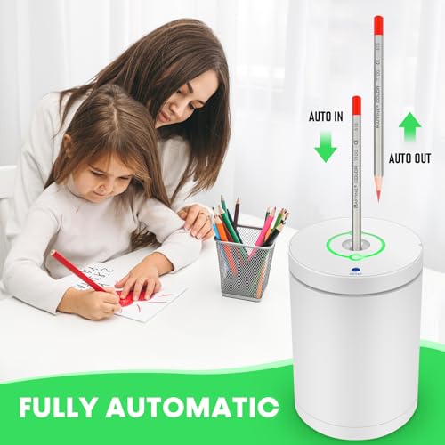 Fully Automatic Electric Pencil Sharpener,Rechargeable smart Pencil Sharpener.Suitable for No. 2/Colored Pencils (6-8 mm),Applicable to School/Classroom/Office/Home(White) - color: White