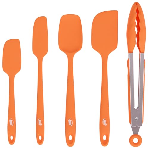 Kaluns Silicone Spatula Set, 4 Rubber Spatulas 600°F Heat Resistant, Nonstick Seamless Design with Stainless Steel Core, Dishwasher Safe, BPA free, Bonus Tongs Included - color: 4 Pcs + Tongs Orange