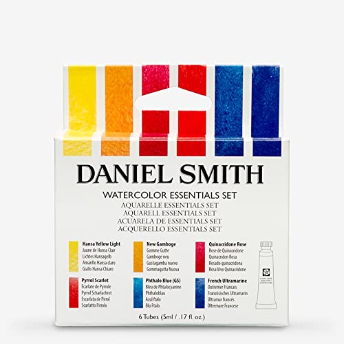 DANIEL SMITH 285610005 Extra Fine Essentials Introductory Watercolor, 6 Tubes, 5ml, Blue/Transparent/Yellow, 0.17 Fl Oz (Pack of 6) - style: Essentials Introductory Pack