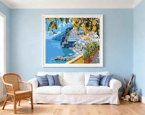 CSZPPQAF Mediterranean Lemon Tree Paint by Numbers for Adults Beginner, Seaside Landscape Paint by Number Kits on Canvas, DIY Oil Painting Watercolor Color by Numbers for Home Wall Decor 12X16inch - color: PB462-1