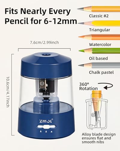 ZMOL Electric Pencil Sharpener Battery, 6-12mm Jumbo Pencils,Dark Blue | Suitable for No.2/Colored Pencils(6-12mm), 3 Modes,Fast Sharpen,AC Adapter/Battery Operated in School/Classroom/Office/Home - color: Dark Blue