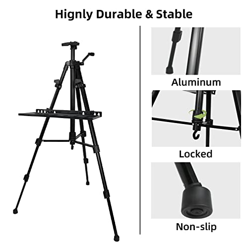 Artist Easel Stand Painting Stand Art Easel, 20" to 61" Art Easel for Painting Canvase & Displaying, Aluminum Adjustable Height Display Tripod with Portable Bag/Folding Keg/Apron.(Black)