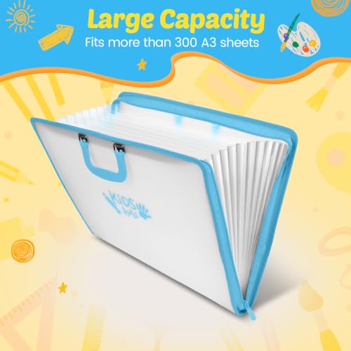 11x17 Kids Art Portfolio - Accordian File Organizer with 13 Pockets, Art Portfolio for Kids with Handle and Zipper Closure - Oxford Cloth, Frosted Translucent Artwork Folder for Children - Blue - color: Blue