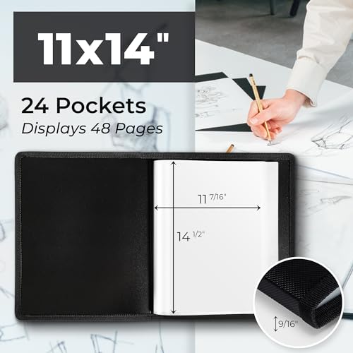 Dunwell 11x14 Art Portfolio Binder, 24-Sleeve, Artwork Storage | 24 Clear Sleeves, Displays 48 Pages, Artwork Storage, Acid-Free Poly Protection, Presentation Portfolio Binder - color: Black, size: 11x14" w/ BLK Paper
