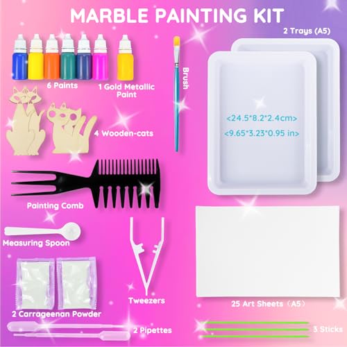 MOMUSE Water Marbling Paint Kit for Kids Dual Trays, Painting Craft Kits | Metallic Gold Marble Painting Kit, 6 7 8 9 10 Girls Birthday Gifts Present,Creative Arts & Crafts for Kids