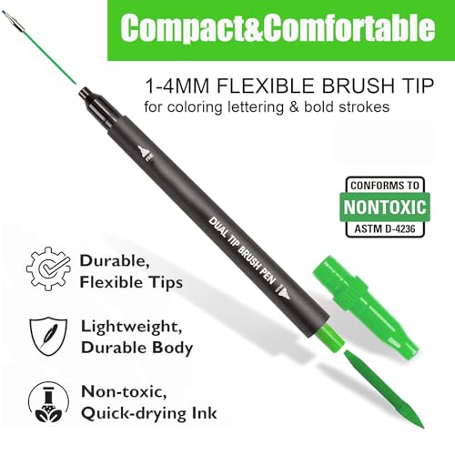 Green Double Tip Brush Pens Art Markers,24 Colored Artist Fine Brush Pen Coloring Markers for Adult Drawing Art Craft Kit - color: Green