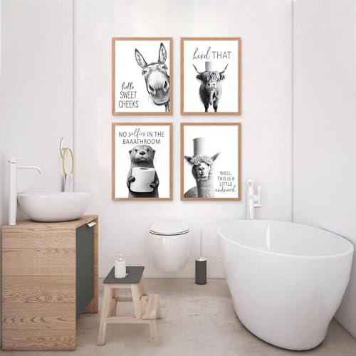 Funny Bathroom Wall Art Black and White Bathroom Signs Decor Rustic Donkey Cow Pictures Wall Decor Funny Animals Head on Tissue Paper Canvas Art Prints for Toliet Bedroom,Unframed,11x14inchx4pcs - color: Animal Bathroom-11x14in