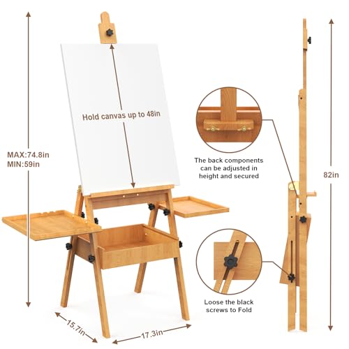 Large Beech Wood H-Frame Easel, Professional Painting Easel with 2 Palette - color: Natural